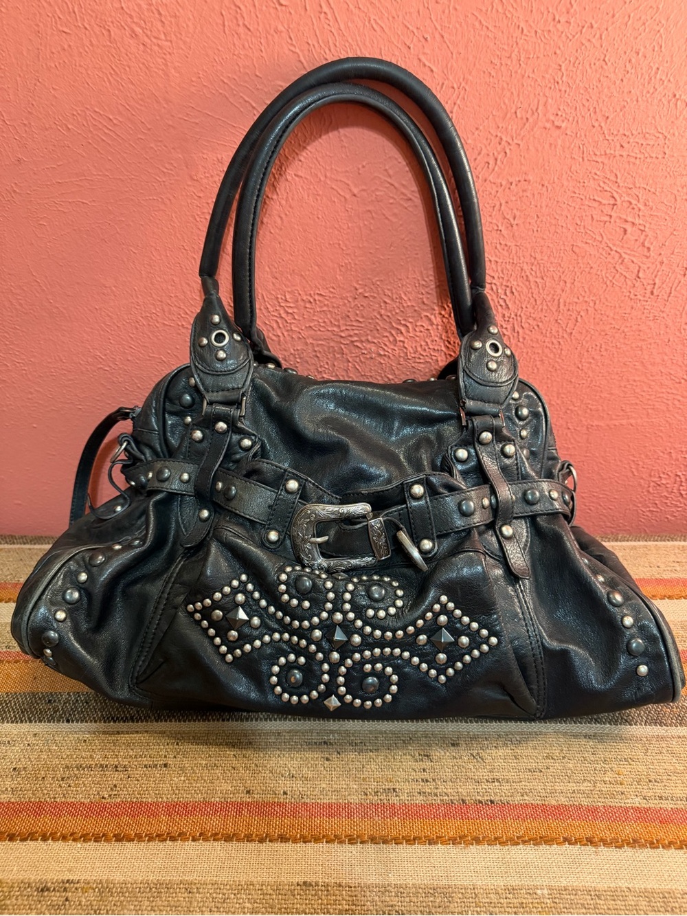 Vintage Western Embellished Black Leather Cripple Creek Bag Silver Studs  Buckle